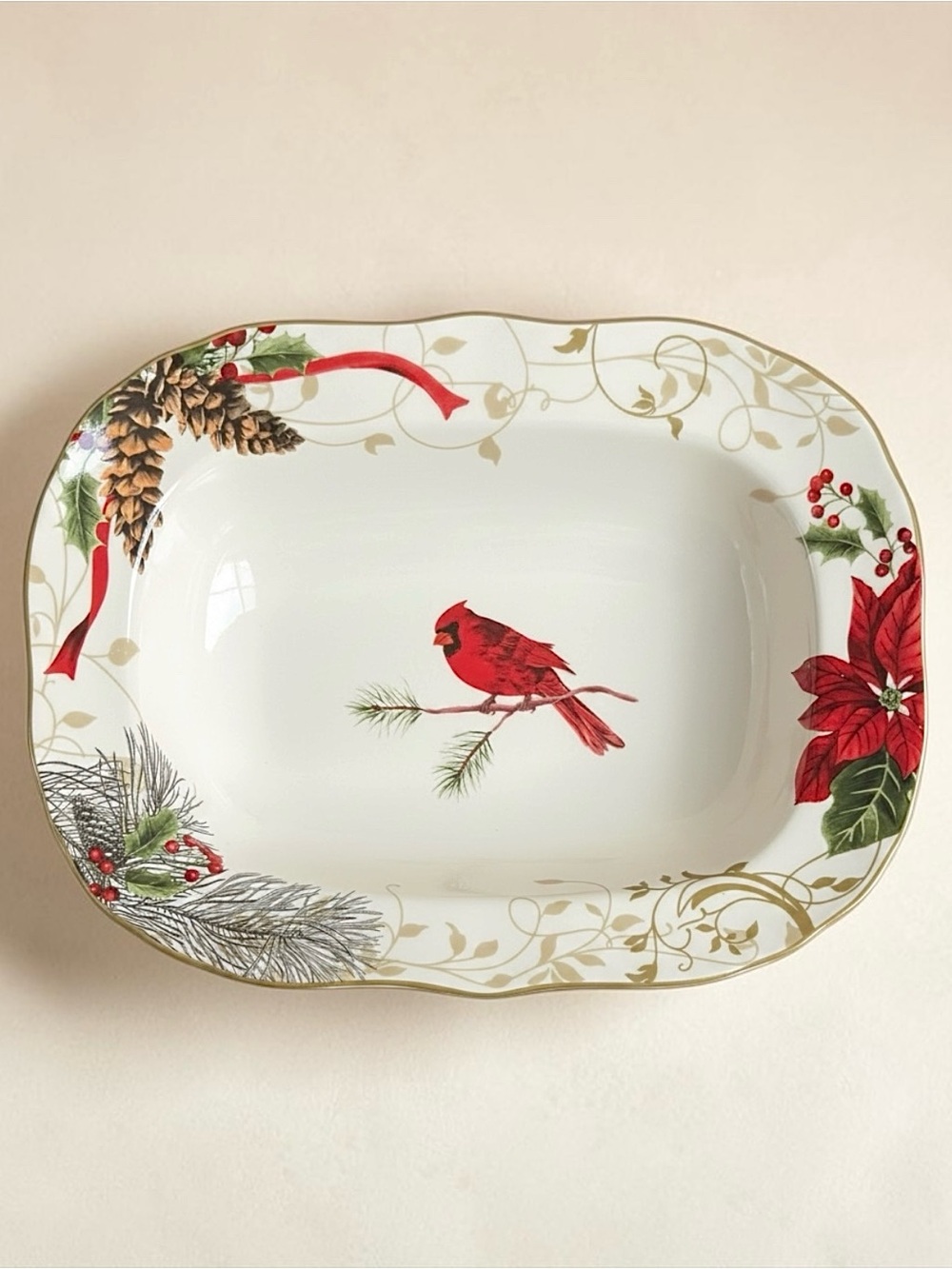 222 Fifth Porcelain Oval Serving Platter with Red Cardinal and Gold Accents